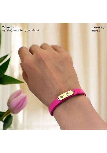 Archin Temmuz Ayı Doğumlarına Kelebek Figürlü 14 Ayar Altın Plakalı Pembe Derili Hediye Bileklik-651ay Temmuz