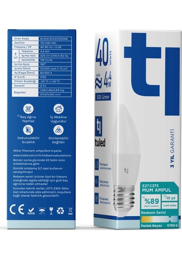 Redeem C37s E27 Mum Ampul, Titreşimsiz, Göz Konforu, 525 Lümen, Parlak Beyaz, 5700 Kelvin