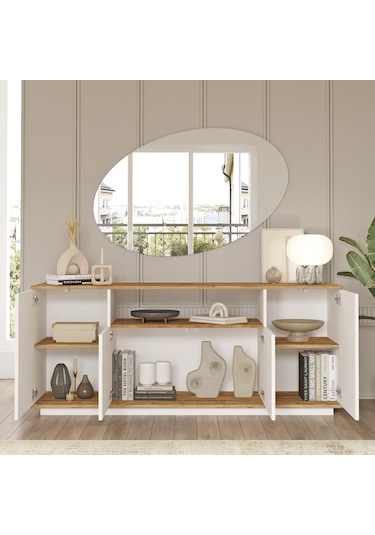Robin Home Loft Konsol 4 Kapaklı Raflı 180cm Çam-Beyaz