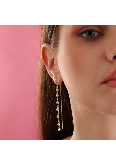 Queen Silver Jewelry 925 Ayar Gümüş Ful Sallantı Zirkon Taşlı Küpe Altın