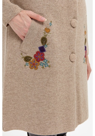 Desen Triko Kadın Dik Yaka Cebi İşlemeli Uzun Yün Kaban 24012 K. Bej K. Bej Koyu Bej