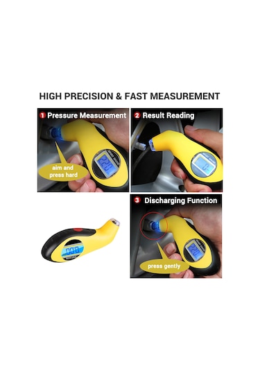 Springsun Araç Lastik Basınç Ölçer, Lcd Ekranlı, 4 Birim Seçenekli Psı/bar/kpa/kgf , 0-150psı Hassasiyet, Sarı-siyah Abs Malzeme, Pil İle Teslim