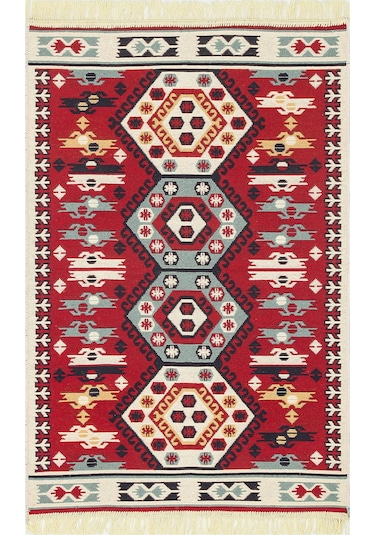 Red Cream Yıkanabilir Çift Taraflı Modern Desenli Dokuma Kilim