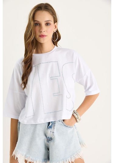 Shade Bisiklet Yaka Taş Baskılı Basic Salaş T-shirt 60602061 - Beyaz
