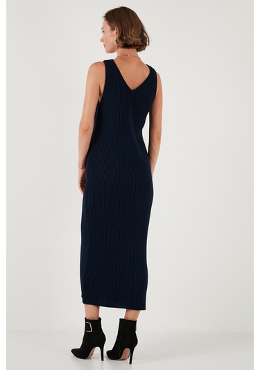 Lela V Yaka Fitilli Uzun Triko Bayan Elbise 4616169 Lacivert