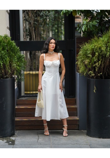 Kadın Askılı Sırt Bağlamalı Tasarım Midi Elbise Beyaz