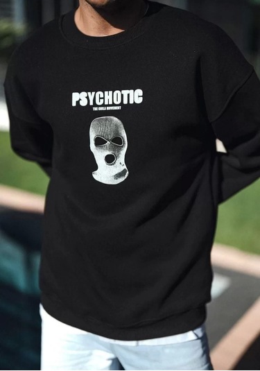 Kışlık Bisiklet Yaka Baskılı Sweatshirt - Siyah Siyah