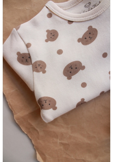 Ayıcık Baskılı Bebek Alt Üst Takım Ekru