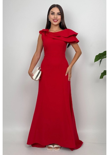 Delvira Drapeli Tek Omuz Çiçek Detaylı Uzun Kırmızı Abiye Elbise Kırmızı