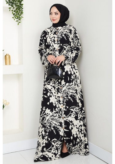Dilşen Düğmeli Dokuma Viskon Elbise 1562 - Siyah Siyah