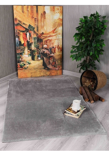 Dekoratif Puffy Peluş Yumuşak Yıkanabilir Kaymaz Taban Kesme Halı Yolluk Gri