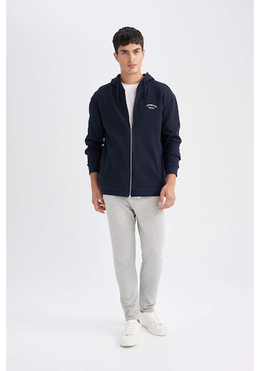 DeFacto Lacivert Relax Fit Kapüşonlu Waffle Baskılı Cepli Fermuarlı Sweatshirt D2629AX24AUNV71 Lacivert