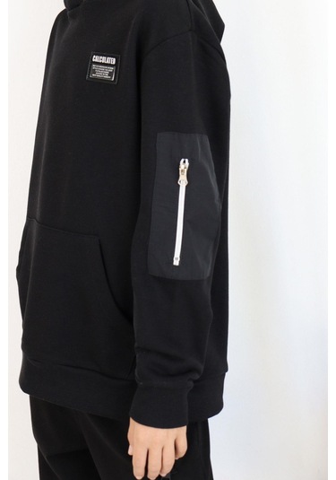 Breeze Erkek Çocuk Sweatshirt Armalı Kolu Cepli Fermuarlı 9-14 Yaş, Siyah Siyah