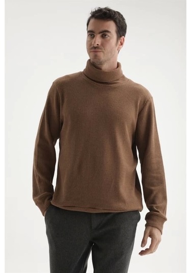 Erkek Balıkçı Yaka Fitilli Kazak Kahverengi Kahverengi