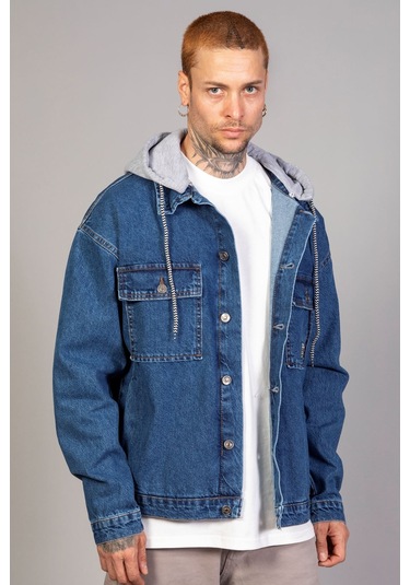 Erkek Mavi Kapüşonlu Çıkarılabilir Kapüşonlu Oversize Kot Cek... Mavi