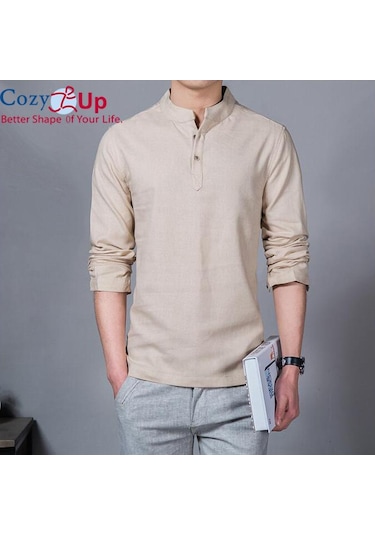 Rahat Up Polo Gömlek Erkekler Moda Uzun Kollu Mandarin Yaka Gömlek Erkek Rahat Keten Gömlek Adam Artı Beyaz Mavi
