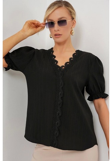 V Yaka Dantelli Bluz 956 - Siyah Si Yah