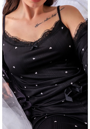 Sabahlıklı Dantel Detaylı Pegasus Kadın Pijama Takımı-çeyizlik Takım- Geniş Beden Aralığı Siyah