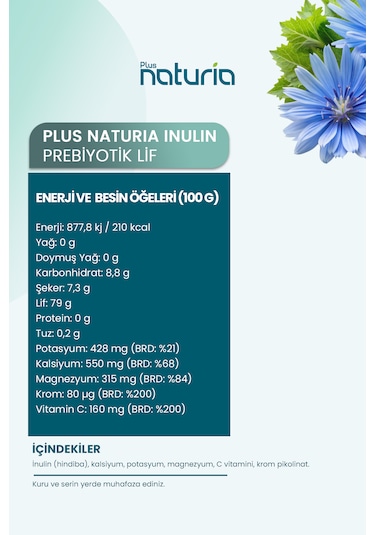 Plus Naturia İnülin Prebiyotik Lif Vegan, Glutensiz, C Vitamini Takviyeli 400g