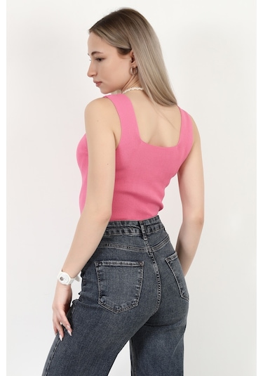 Giysa Kadın Kare Yaka Kalın Askılı Basic Triko Bluz Pembe - 2000