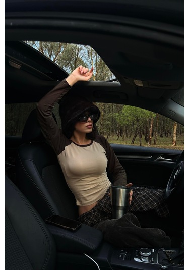 Kahverengi Raglan Kollu Gri Melanj Basic Y2k Uzun Kollu Crop-17730 Gri Melanj