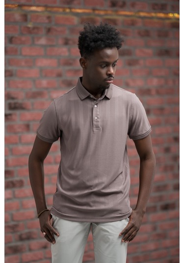 Regular Fit Likralı Kendinden Çizgili Polo Yaka T-shirt Vizon