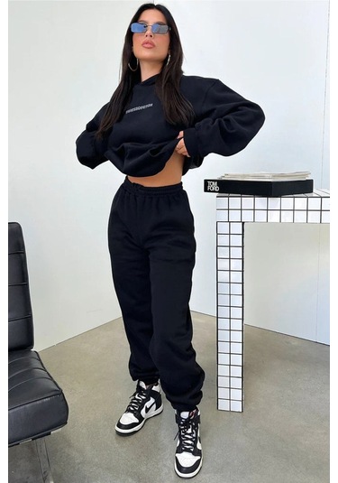 Thatssofetch Eşofman Takımı Sweatshirt Jogger - Siyah Baskılı Oversize Şardonlu Kapüşonlu Koyu Siyah-265251