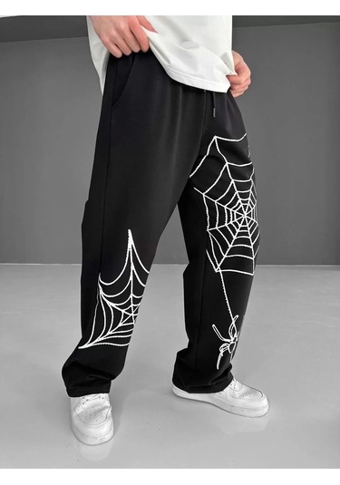 İki İplik Kumaş Örümcek Baskılı Esofman - Siyah Siyah