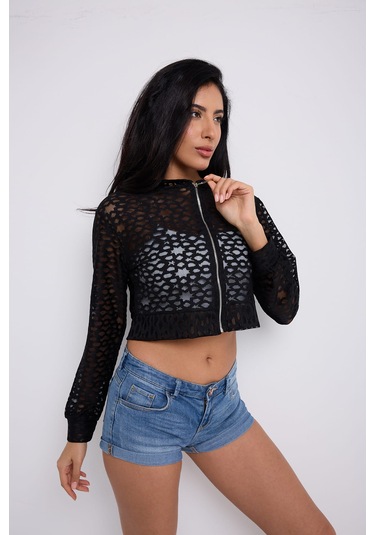 Kapuşonlu Dantel Bluz Siyah