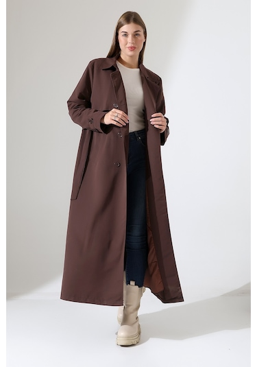 Amazon Keten Kumaş Uzun Boy Düğmeli Astarlı Yumuşak Dokulu Trenç Kot Koyu Kahve Koyu Kahverengi