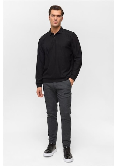 SÜVARİ Siyah Regular Düz Polo Yaka Sweatshirt Siyah