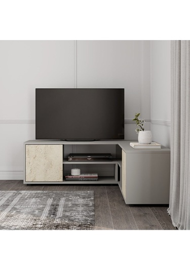 Roza Köşe – Çok Amaçlı, Kapaklı TV Sehpası Gri/Traverten