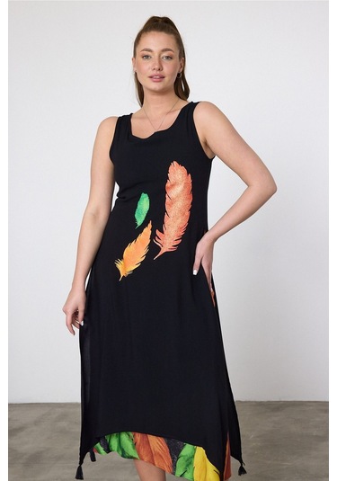 Schık Kadın Yazlık Bol Kolsuz Rahat Baskılı Elbise Turuncu