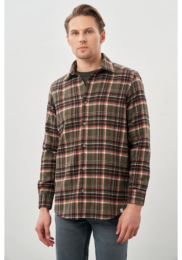 Haki Yünlü Ekose Desen Yumuşak Yaka Cepsiz Uzun Kol Casual Comfort Fit Gömlek 1004245227 Haki