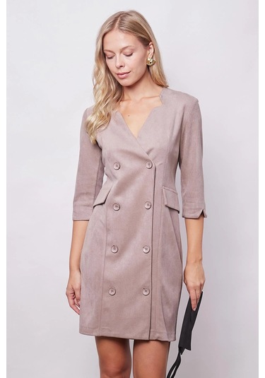 Kadın Kadife Likralı Yumuşak Dokulu Kruvaze Kapri Truvakar Kol Kolu Yırtmaçlı Ofis Ceket Elbise-bej Bej