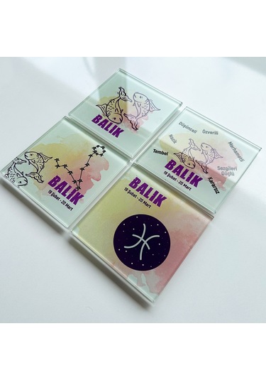 Decorita Cam Bardak Altlığı Burçlar - Balık Burcu 4'lü Takım Çok Renkli