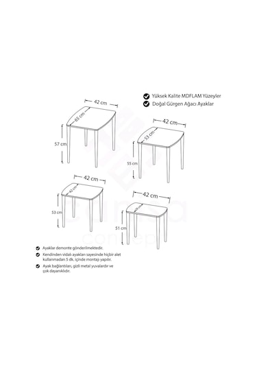 Canisa Concept Anka Serisi Mdf 1.sınıf 4 Lü Zigon Sehpa Takımı Krem - Gümüş