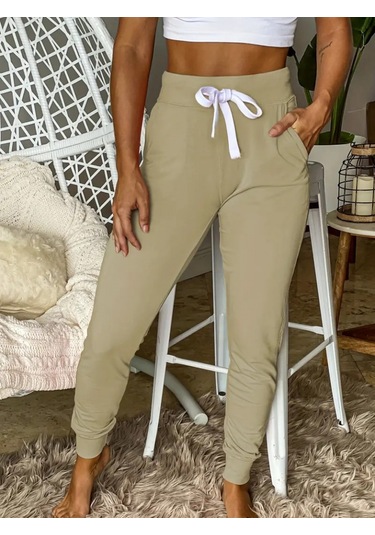 Kadın Kısa Kollu Madonna Yaka Viskon Crop Bluz Cepli Iki Iplik Eşofman Takım Bej