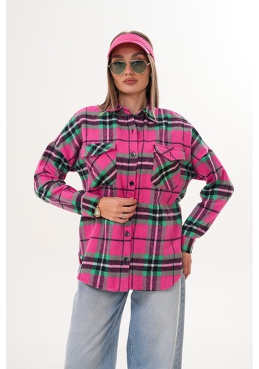 Kadın Desen Bloklu Oduncu Oversize Bol Ve Geniş Kalıp Casual Cepli Yakalı Ceket Gömlek Pembe