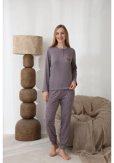 Lindros Kadın Pamuk'lu Düğme Yaka Raporlu İnterlok Kışlık Pijama Takımı 0274 - 1 Adet Füme