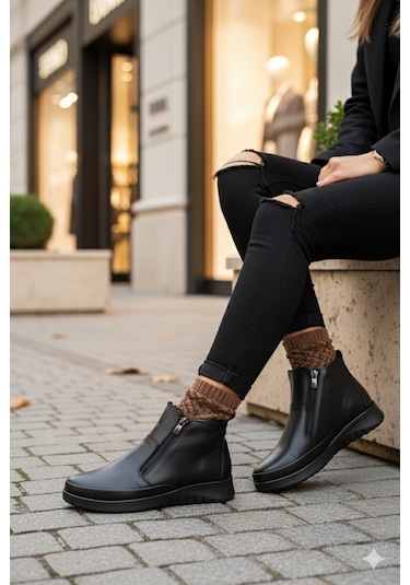 Muggo Feniks Hakiki Deri Çift Fermuarlı Kadın Bot Siyah
