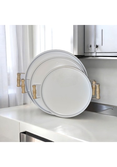 Tepsi Seti Ahşap Kulplu Metal Çay Tepsisi Kahve Tepsisi Sunum Kah