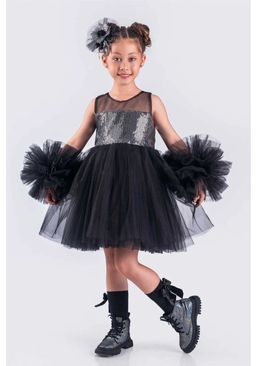 Kız Çocuk Abiye Elbise Ponpon Kol Pul Payetli Tütülü Siyah - Gr