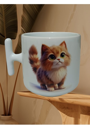 Sevimli Kedi Çift Taraf Baskılı T Kupa Bardak Beyaz T