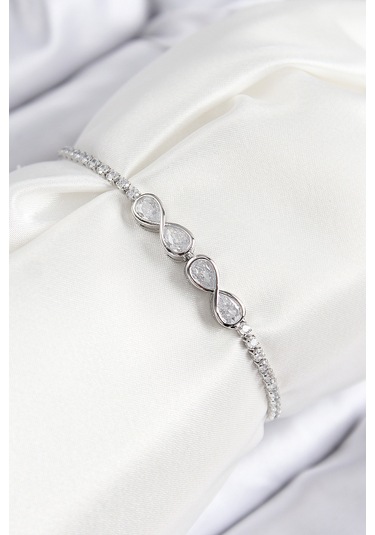 Pirinç Zirkon Taşlı Sonsuzluk Model Gümüş Renk Asansörlü Kadın Bileklik Çok Renkli