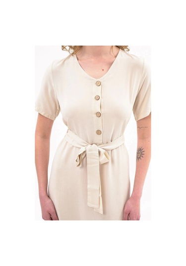 Apsen Kadın Elbise Bej Renk Önden Düğme Detaylı Yazlık Midi Elbise 4437-105 Bej