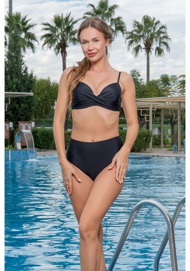 Markahit Ruko Yüksek Bel Dönmeli Straplezl Bikini Siyah