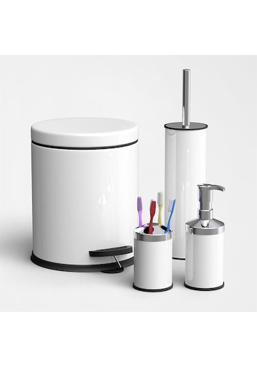 Zethome Beyaz Dörtlü Banyo Seti (çöp Kovası-fırça-sabunluk-diş Fı Beyaz