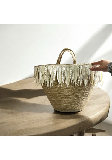Hasır Çanta, Plaj Çantası, Tasarım Çanta, Ekru Kalın Püsküllü El Çantası Kahverengi - Açık Bej