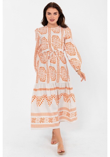 İnce Yaprak Dalı Desenli Yazlık Baharlık Keten Elbise 2102 Turuncu